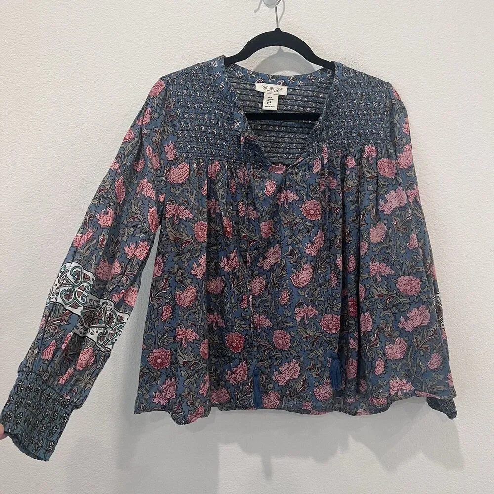 Rachel Zoe Women's Cotton Split Neck Peasant Blouse Floral Medium Boho Cottage - Picture 2 of 10